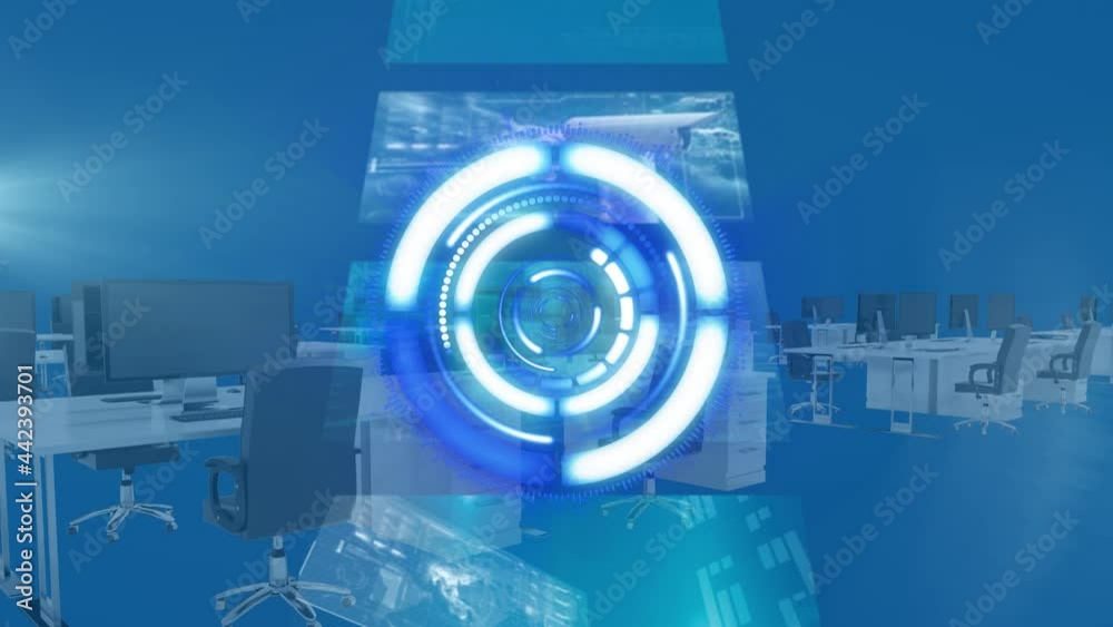Animation of scope scanning and data processing on screens over empty office Animation of scope scanning and data processing on screens over empty office