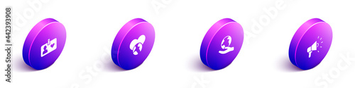 Set Isometric Volunteer id card or badge, The heart world - love, Hand holding Earth globe and Megaphone icon. Vector