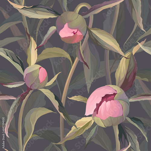 Seamless pattern with buds of peonies on a blue-gray background.
