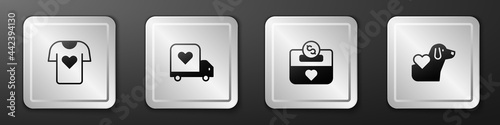 Set Clothes donation, Delivery truck with heart, Donation and charity and Heart dog icon. Silver square button. Vector