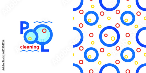 Cheerful logo, pool cleaning and maintenance. Seamless background for textile print or packaging. Vector, illustration