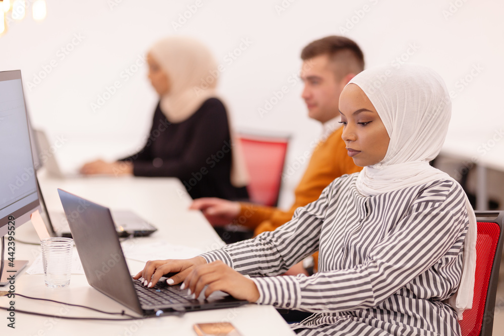 African american muslim girl with hijab working on a laptop. Multiethnic group of colleagues in modern office African american muslim girl with hijab working on a laptop. Multiethnic group of colleagues in modern office