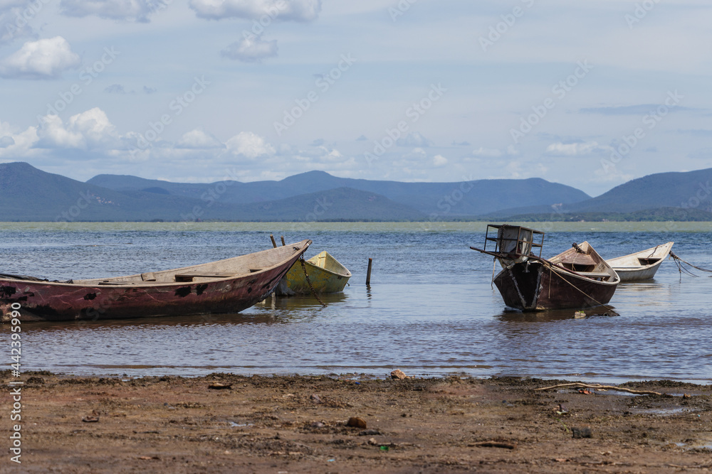 boats on the banks of the São Francisco Bahia River Brazil
