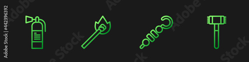 Set line Grilled shish kebab, Fire extinguisher, Burning match with fire and Kitchen hammer. Gradient color icons. Vector