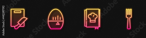 Set line Cookbook, Cutting board and knife, Kitchen timer and Fork. Glowing neon icon. Vector