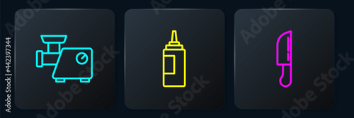 Set line Kitchen meat grinder, Knife and Sauce bottle. Black square button. Vector