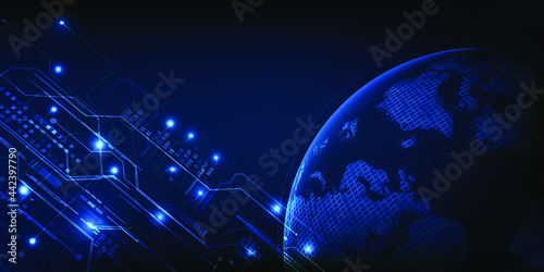 The encounter of blue planet and  high speed digital communication technology.Futuristic computer technology concepts.