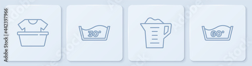 Set line Basin with shirt, Washing powder, Temperature wash and . White square button. Vector