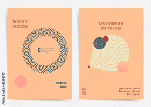 Modern art Japanese Poster Design Template Set. Best for poster, web art, brochure, book cover. Abstract waves, circles and squares with oriental graphic design and bauhaus style. Vector backdrop