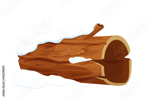 Tree log, chopped trunk with snow in cartoon style isolated on white background. Forest nature element, textured and detailed.