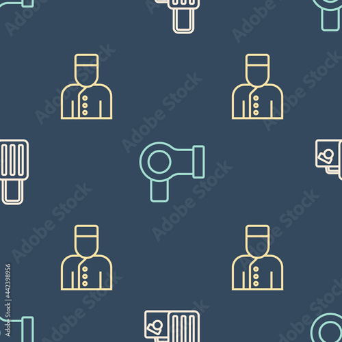 Set line Suitcase, Concierge and Hair dryer on seamless pattern. Vector