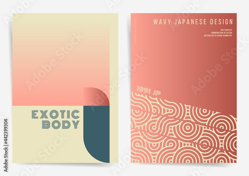 Gradient Monochrome Waves Asian Poster Design Template Set. Best for poster, web art, brochure, book cover. Asian waves with vintage 70s gradient and abstract avant garde style. Vector simple backdrop