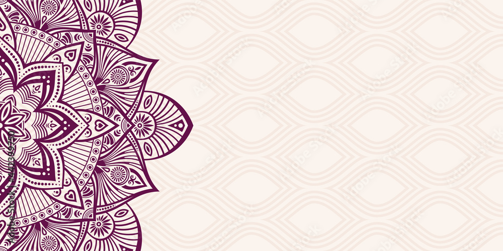 © Andrey - Horizontal mandala banner. Decorative flower mandala background with place for text. Colorful abstract graphics. Arabic Islamic east style. Mandala silhouette. Vector color illustration.