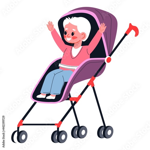 Small boy kid in stroller, toddler in perambulator