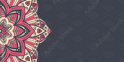 Horizontal mandala banner. Decorative flower mandala background with place for text. Color mandala on dark background. Arabic Islamic style. Beige, red color mandala. Vector color illustration.