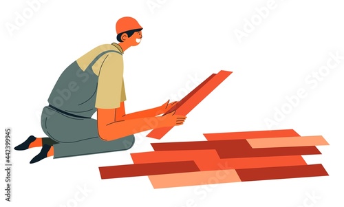 Builder renovating floor, laying parquet vector