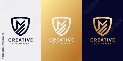 Monogram logo design initial letter M with line art style and shield concept