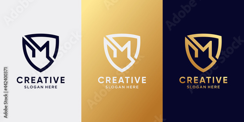 Creative monogram logo design initial letter M with line art style in shield concept
