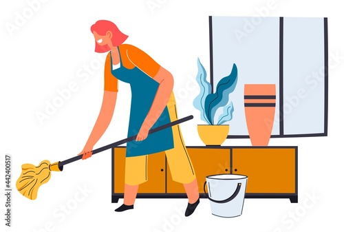 Housewife mopping floor with wet wipe and water