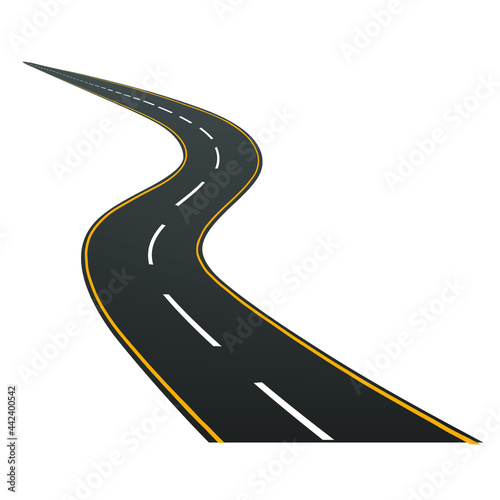 Winding road. Journey traffic curved highway. Road to horizon in perspective. Winding asphalt empty line isolated vector concept.