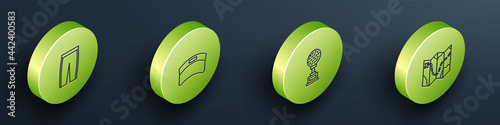 Set Isometric line Golf pants, Sun visor cap, Award cup with golf and course layout icon. Vector