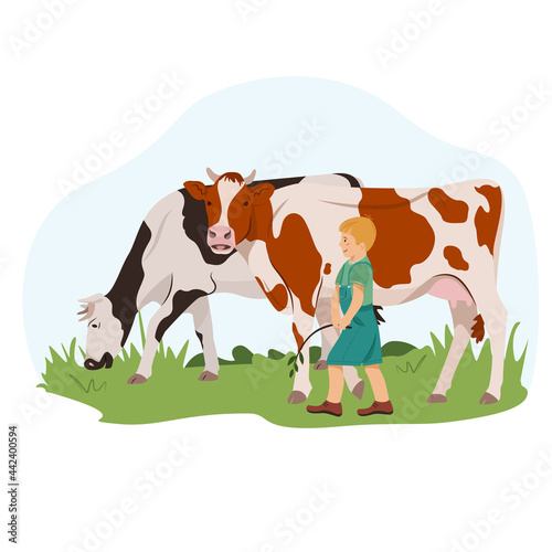 A farmer boy grazes the cows. Happy guy walks on a green lawn with cows. Cute vector illustration in flat style