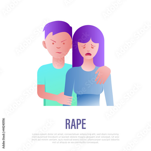Rape gradient icon. Man holds crying woman for the shoulders. Victim of violence. Sexual harassment. Abuser. Vector illustration.