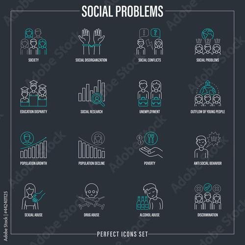 Social problems thin line icons set. Unpredictable future, social research, anti social behavior, education disparity, unemployment, outflow of young people, poverty, sexual abuse. Vector illustration