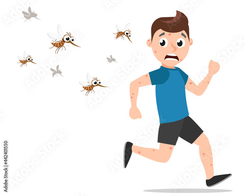 Mosquitoes chasing a bitten guy on a white background. Character