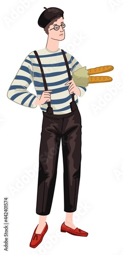 Man with baguettes wearing french style clothes