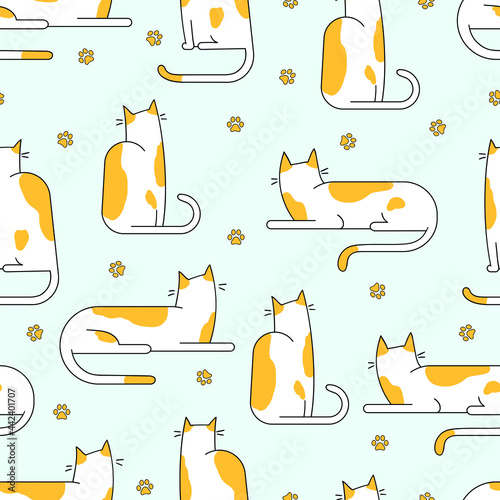 Seamless pattern with cute cats.  Simple vector repeating texture. Illustration for wallpapper, textile and etc. Blue background