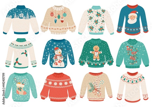 Cartoon winter sweater. Christmas ugly sweaters with snowman, santa, gingerbread men, ornaments. Cozy warm winter knitted clothes vector set. Funny pullover for new year or xmas party