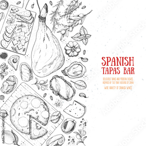 Spanish cuisine top view frame. A set of spanish dishes with hamon, tortilla, tapas, cheese . Food menu design template. Vintage hand drawn sketch vector illustration. Engraved image