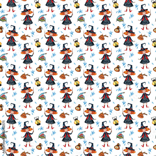 Fototapeta Naklejka Na Ścianę i Meble -  seamless watercolor pattern with witches, magic books, magic wands and potions attributes on a white background.