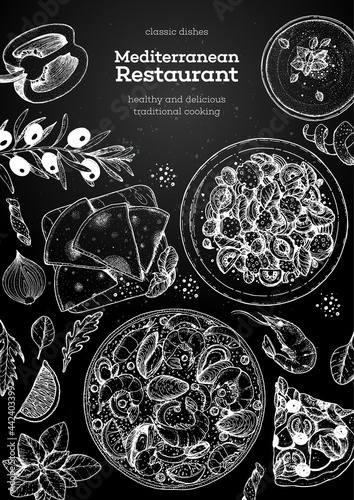 Mediterranean cuisine top view frame. A set of mediterranean dishes. Food menu design template. Vintage hand drawn sketch. Vector illustration. Food collection.