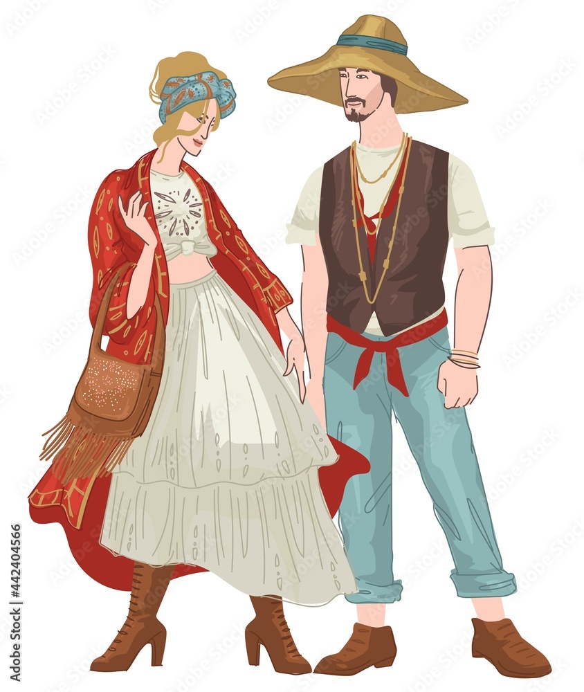Bohemian couple man and woman wearing clothes