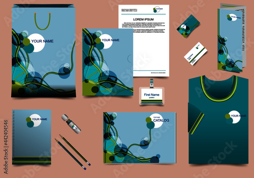 corporate identity POS-materials: catalog, badge, package, booklet, business card brandbook abstract lines and circles of blue, turquoise, green colors