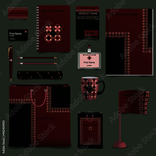 A set of POS materials for corporate identity design with an Oriental pattern, Arabic pattern, Arabesque ornament on a maroon and green background
