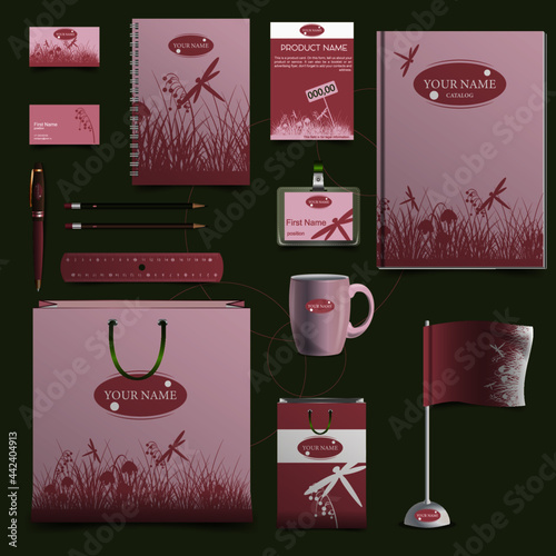Set POS-materials for corporate identity in pink with floral design, flowers and dragonflies