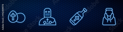 Set line Holy water bottle, Easter egg, Knight crusader and Monk. Glowing neon icon on brick wall. Vector