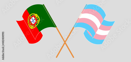Crossed and waving flags of Portugal and Transgender Pride