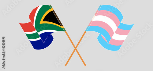 Crossed and waving flags of Republic of South Africa and Transgender Pride