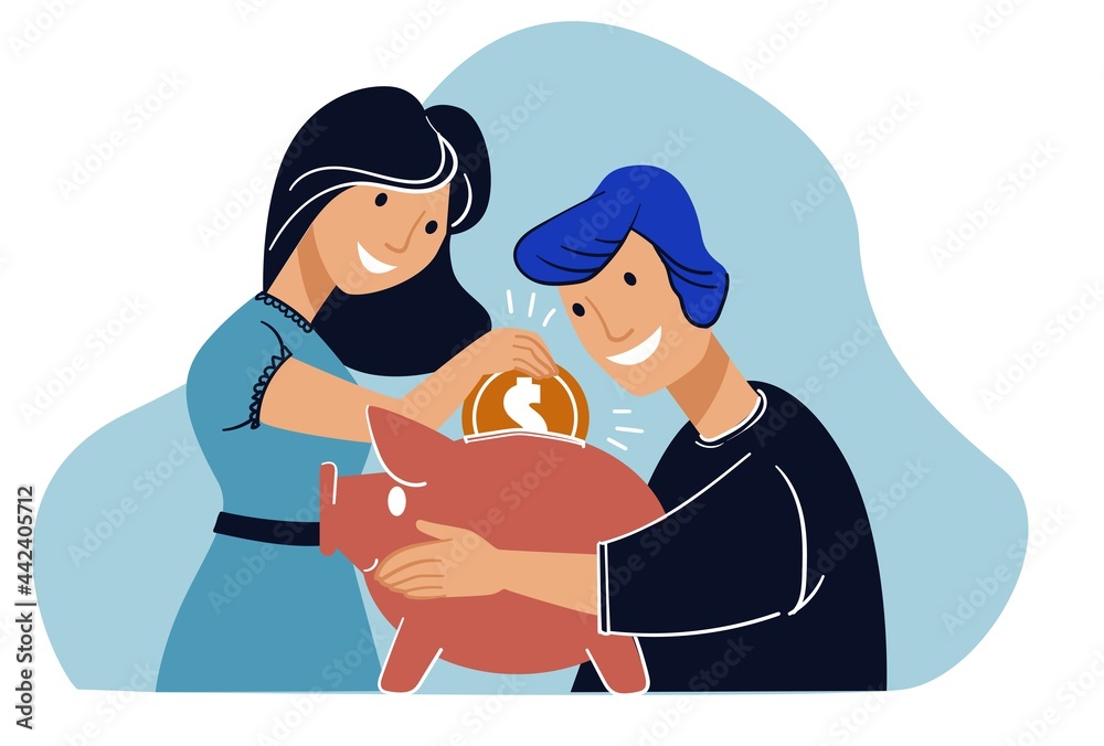 Fototapeta premium Young couple saving money in piggy bank for future