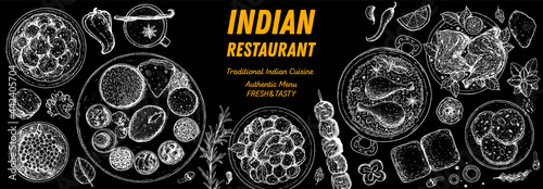 Indian food illustration. Hand drawn sketch. Indian cuisine. Vector illustration. Menu background. Engraved style.