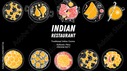 Indian food illustration. Hand drawn sketch. Indian cuisine. Vector illustration. Menu background. Engraved style.