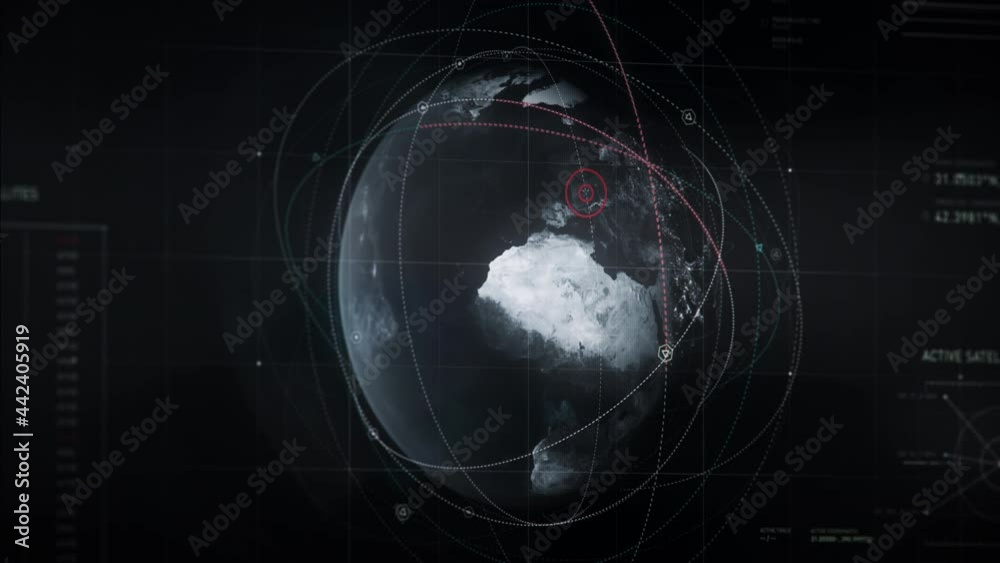 Earth 3D image appearing on screen. Satellites orbiting earth. Red ...