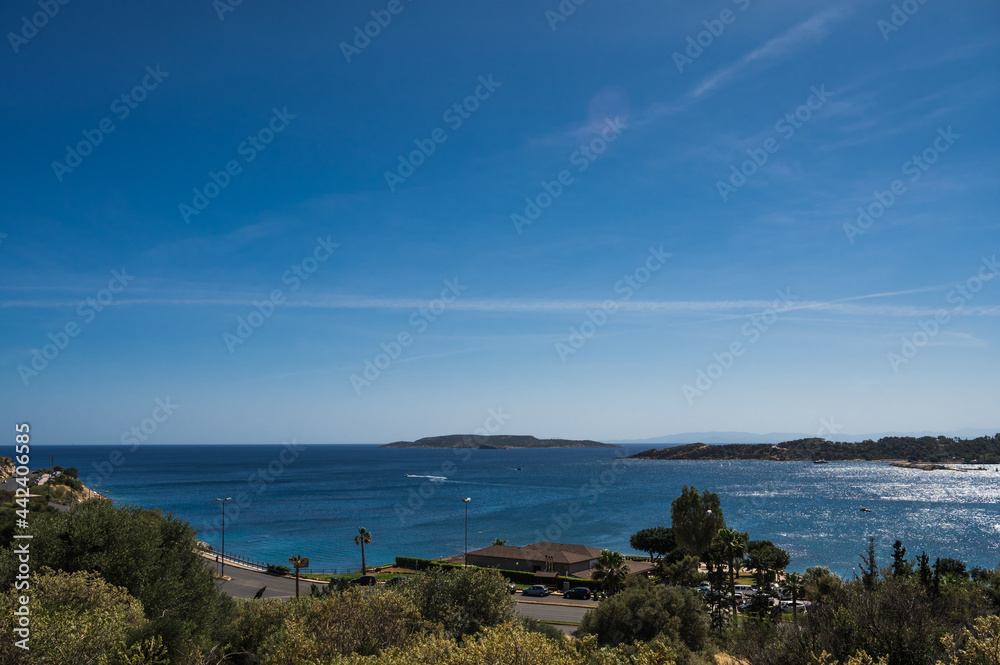 Scenic landscape of Aegean sea with islands in Greece. Top view. Sunny summer day.