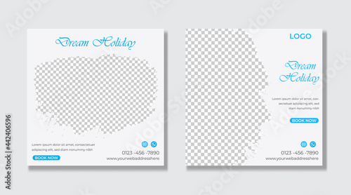 Travel and vacation square social media banner post template. Editable Modern Template. Discount Promo Template.