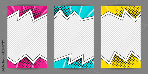 Set of Comic banners. Cartoon frame on a halftone background. Pop art Template for web design, banners, cards, coupons and posters. Vector illustration for for announcements, parties or sales.