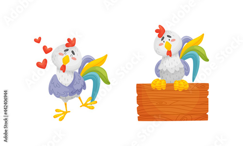 Rooster Funny Character with Bright Feathers Sitting on Wooden Plank and Feeling Love Vector Set